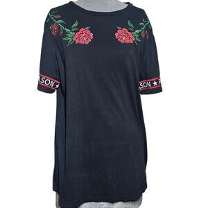 Reason Black Cotton Floral Patch Tee Shirt Size Medium